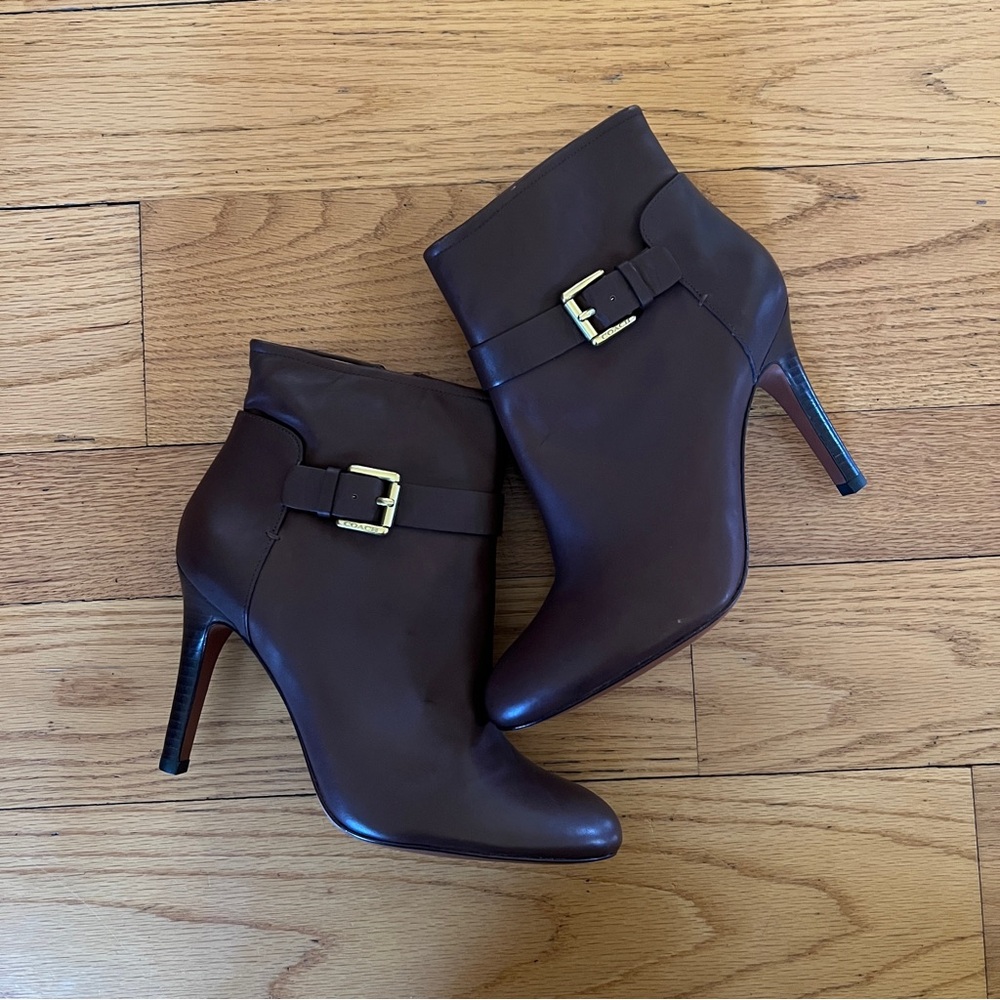 Coach Dark Brown Leather Ankle Booties with Gold Buckle